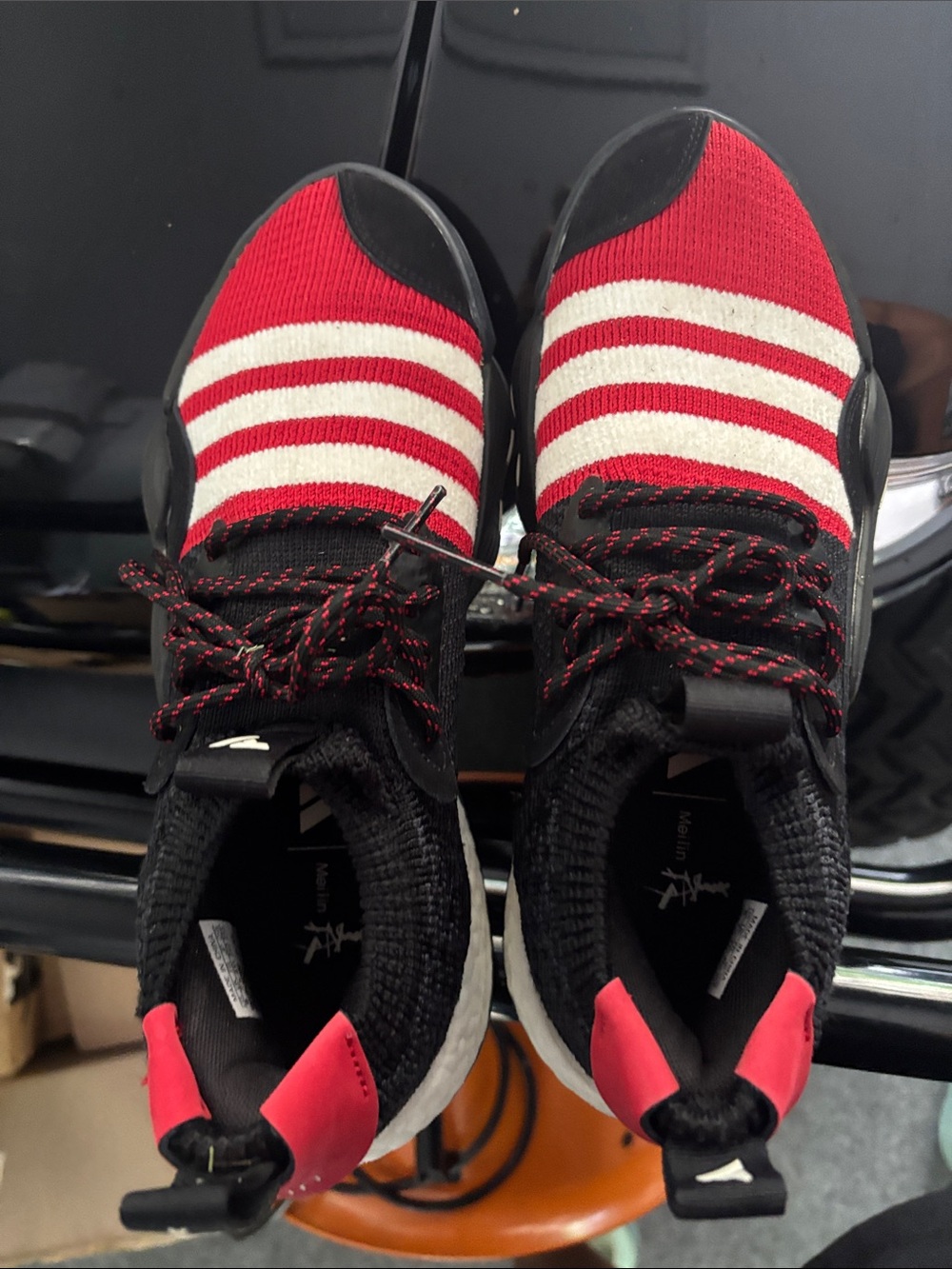 Adidas Red and White Stripe Knit Sneakers - Black Accent